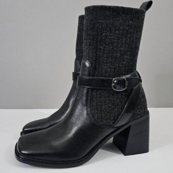 NEW Sam Edelman Marci Ankle Boot Womens 7.5 Black Gray Buckle Knit Fall Heeled - Picture 1 of 15